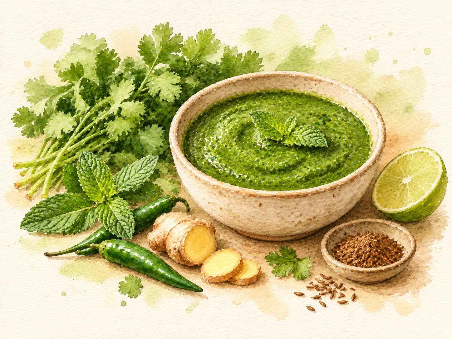 Watercolour Coriander Chutney Still Life